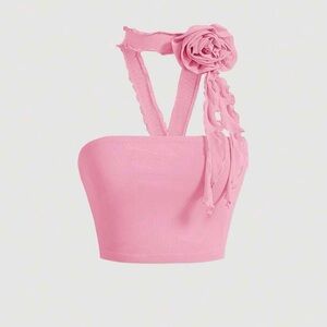 SHEIN Pink Halter Crop Top with Flower Detail